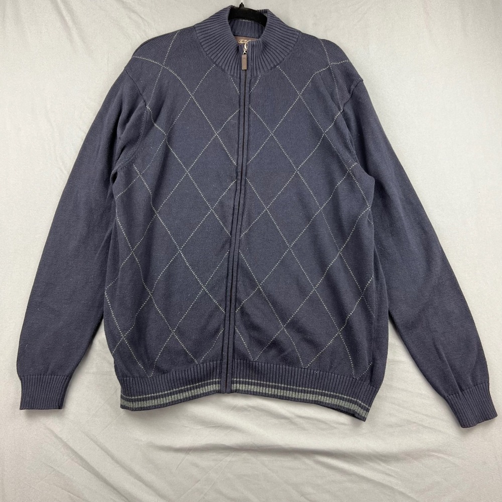 Tasso Elba Full Zip Cardigan Mens Medium Argyle Knit Navy Blue Cotton Sweater